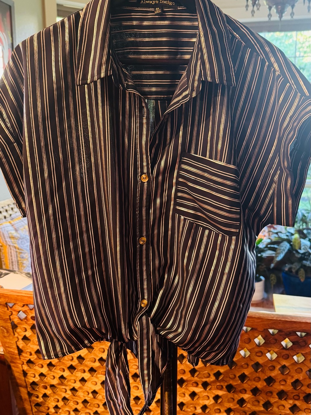Always Indigo Black Striped Short-Sleeve Tie-Hem Shirt